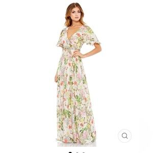 Mac Duggal FLORAL PRINT FAUX WRAP FLUTTER SLEEVE A LINE GOWN size 12 $498